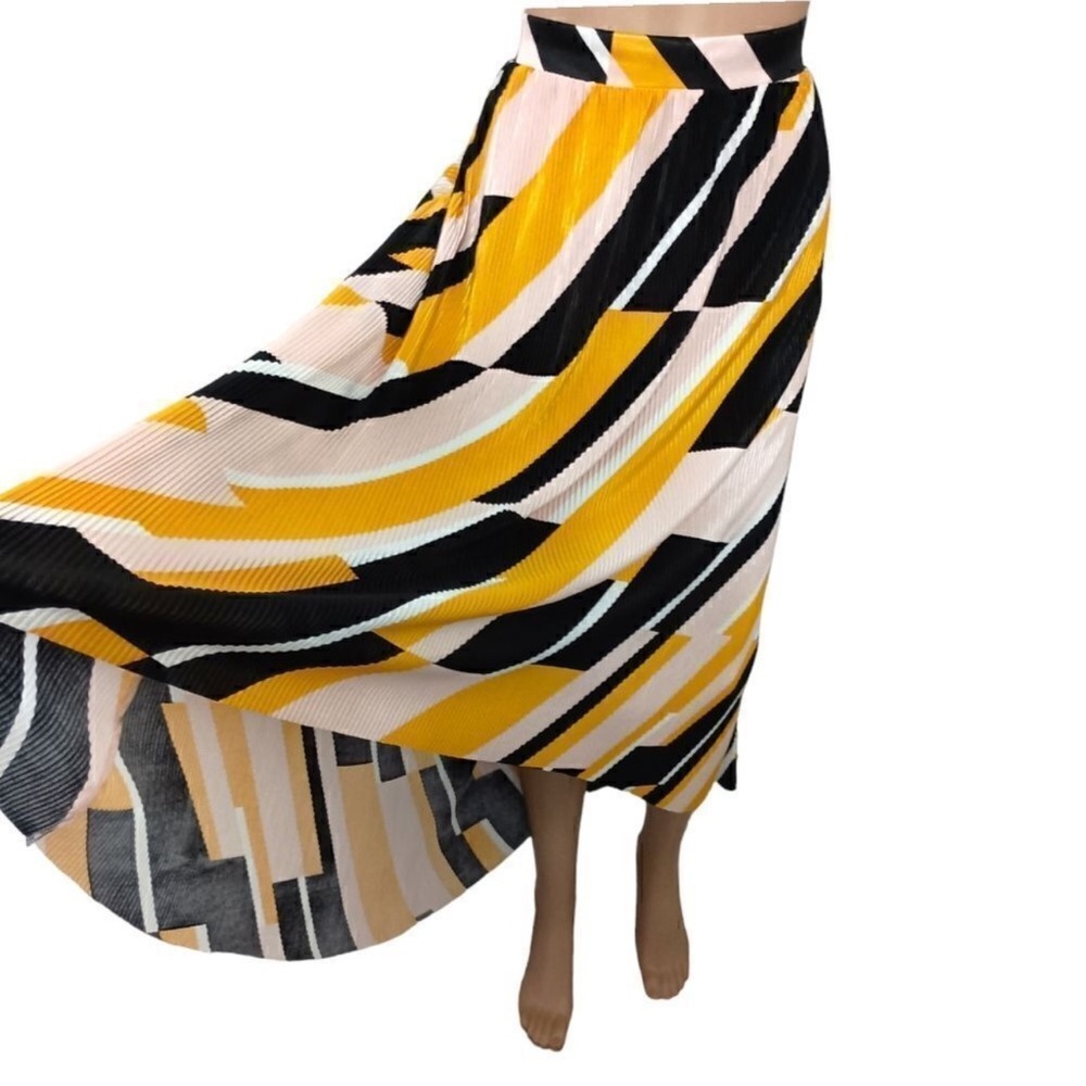 Lane Bryant Yellow Black Cream Striped High-Low Pleated Skirt
